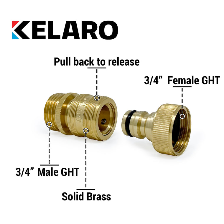 Garden Hose Quick Connect Fittings 2-Pack 3/4 inch Solid Brass by Kelaro, Gold